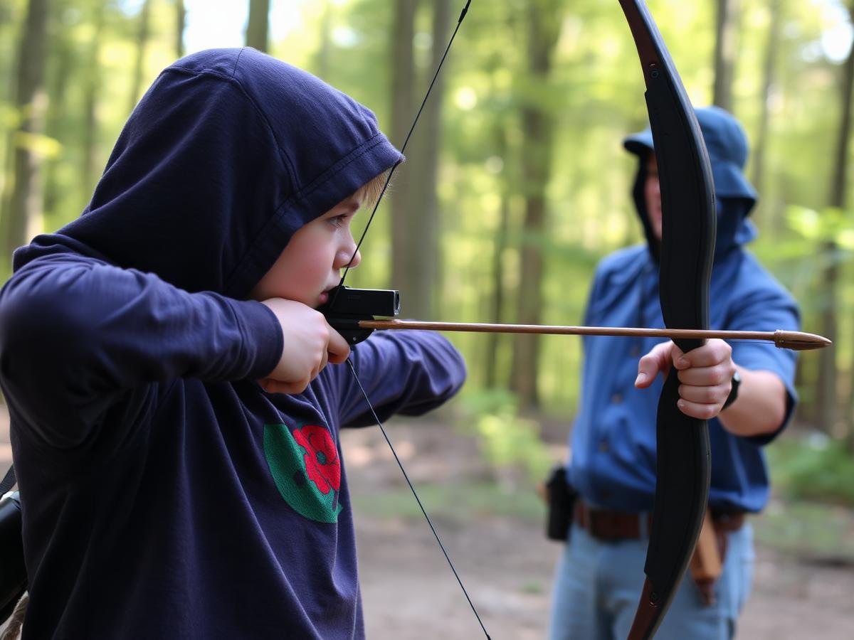 Youth receiving archery instruction outdoors