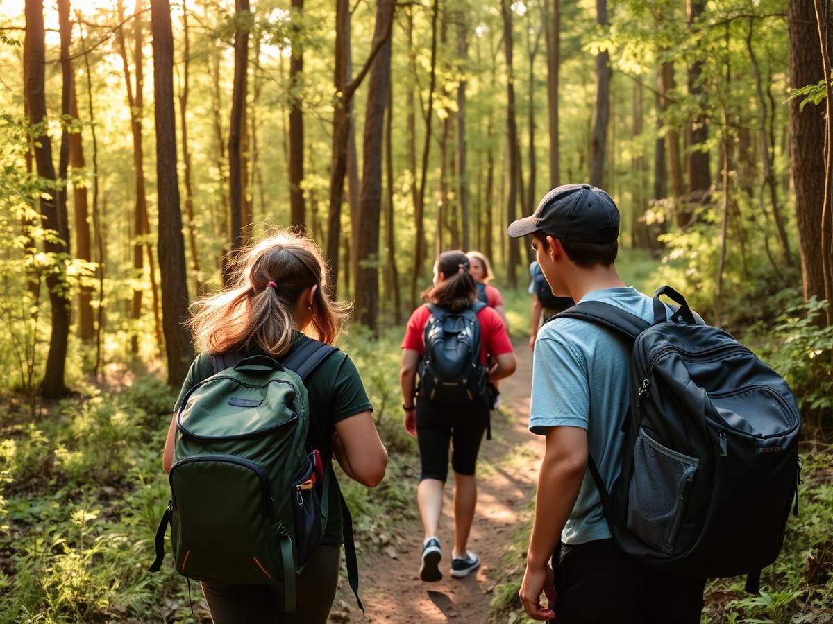 Group of teens hiking a forest trail with backpacks