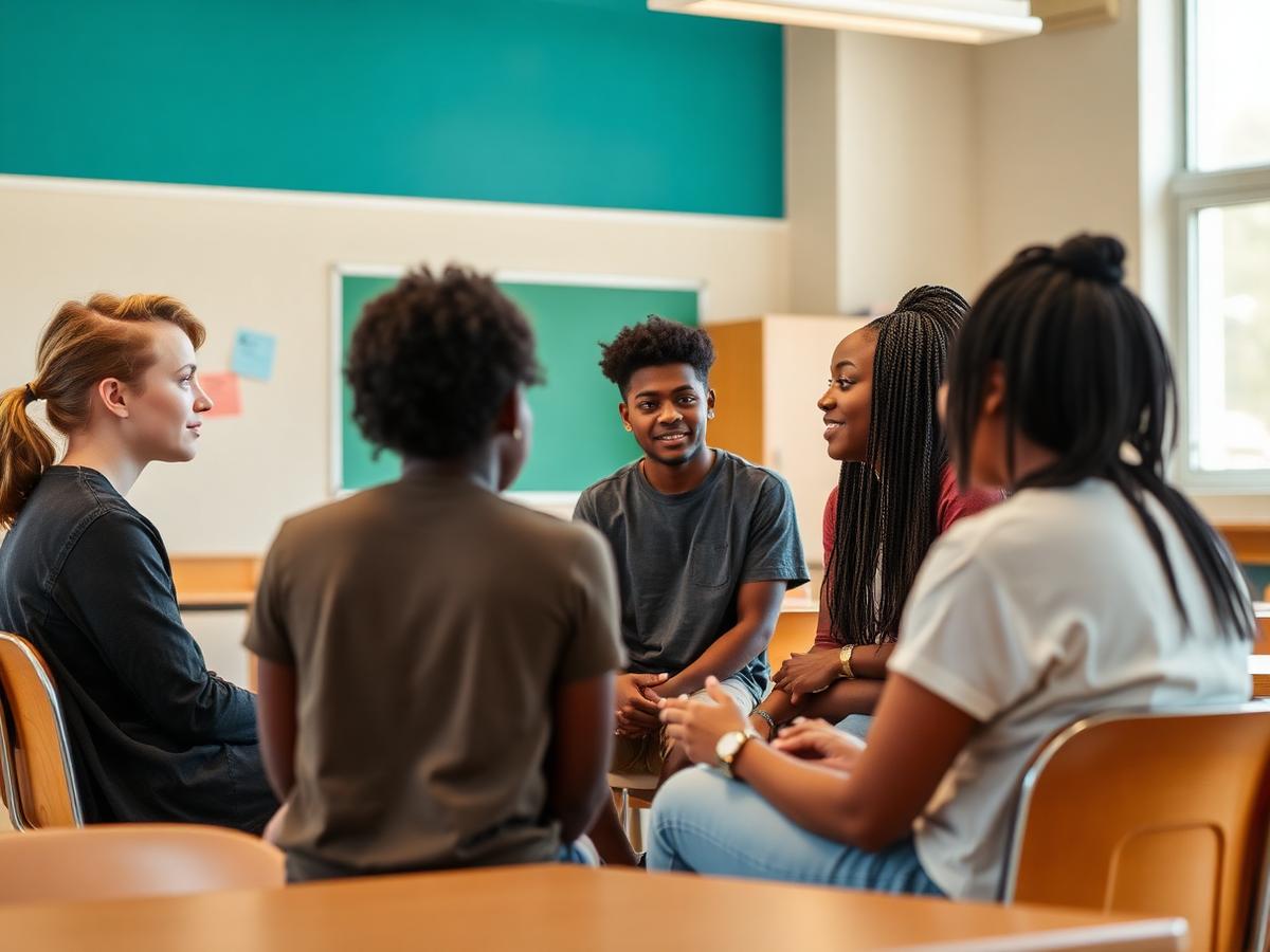 Youth and a mentor talking together in a bright classroom circle