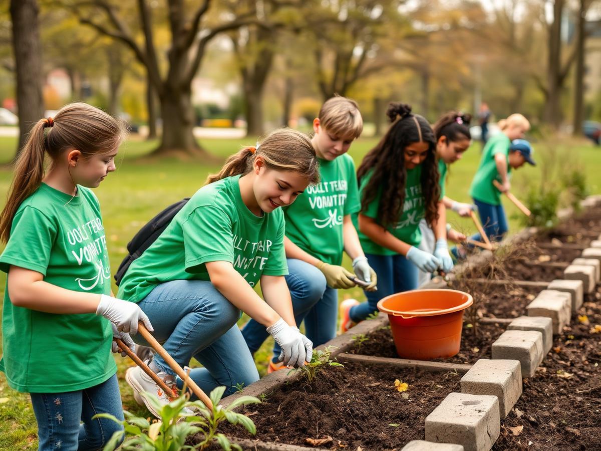 Youth volunteers planting a garden